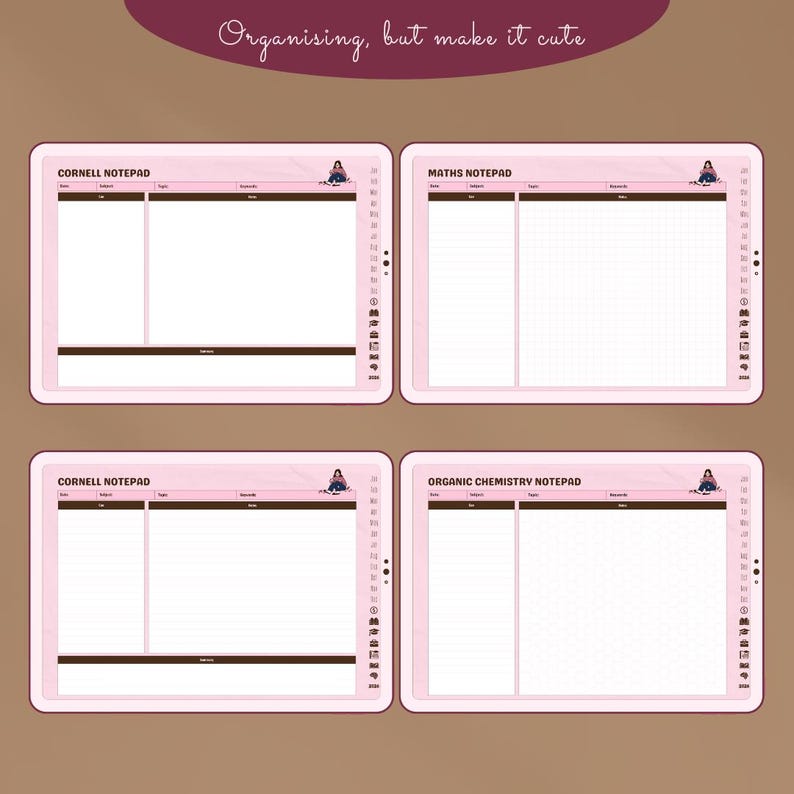 K&ouml;nnte beinhalten: Vier rosa digitale Notizbl&ouml;cke mit verschiedenen Layouts f&uuml;r Cornell, Mathe und Organische Chemie. Jeder Notizblock hat ein wei&szlig;es Innere mit braunem Rand und eine kleine Illustration. Der Text "Organising, but make it cute" steht oben.
