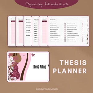 May include: A digital thesis planner with a pink and white color scheme. The planner includes sections for literature, research, writing, and final checks. The words "Thesis Planner" are displayed in large white letters.