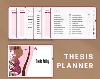 Könnte beinhalten: Digitaler Thesis-Planer in Rosa und Weiß. Enthält Abschnitte für Literatur, Forschung, Schreiben und Endkontrolle. Die Worte "Thesis Planner" sind in großen weißen Buchstaben dargestellt. Der Text "Organising, but make it cute" ist ebenfalls sichtbar.