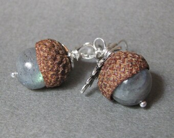 Labadorite Real Acorn Silver Earrings with Oak Leaves