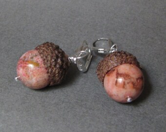 Peaches N'Cream Jasper Real Acorn Silver Earrings with Oak Leaves