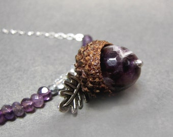 Amethyst Real Acorn Bar Style Silver Necklace with Oak Leaf