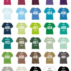 May include: A collection of various colored t-shirts, each with a unique color name and number printed on the front. The shirts are arranged in rows, showcasing a wide range of hues, from white to purple.