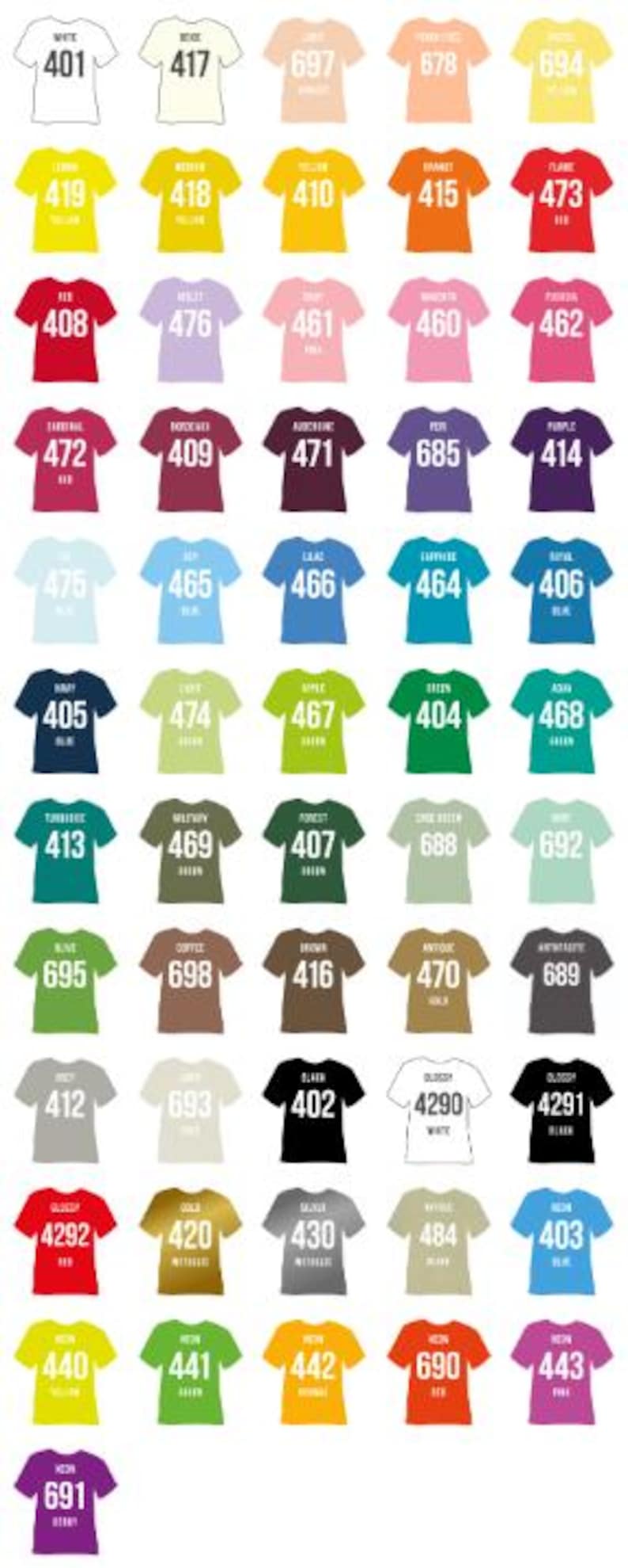 May include: A collection of various colored t-shirts, each with a unique color name and number printed on the front. The shirts are arranged in rows, showcasing a wide range of hues, from white to purple.