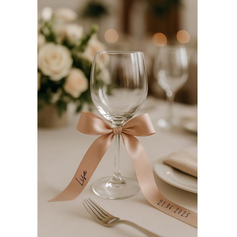 May include: A clear wine glass adorned with a peach-colored ribbon tied in a bow. The ribbon has the name "Lisa" and the date "21.06.2025" printed on it. The glass is set on a white tablecloth, with a fork and plate visible.