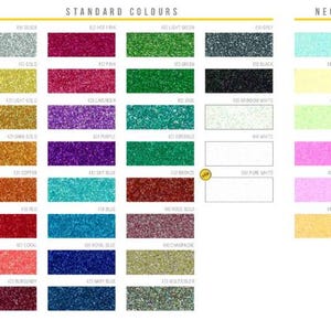 May include: Color chart featuring a variety of glitter colors, including silver, gold, red, and blue, along with neon shades like pink and yellow. The chart is labeled with color names and numbers for each shade.