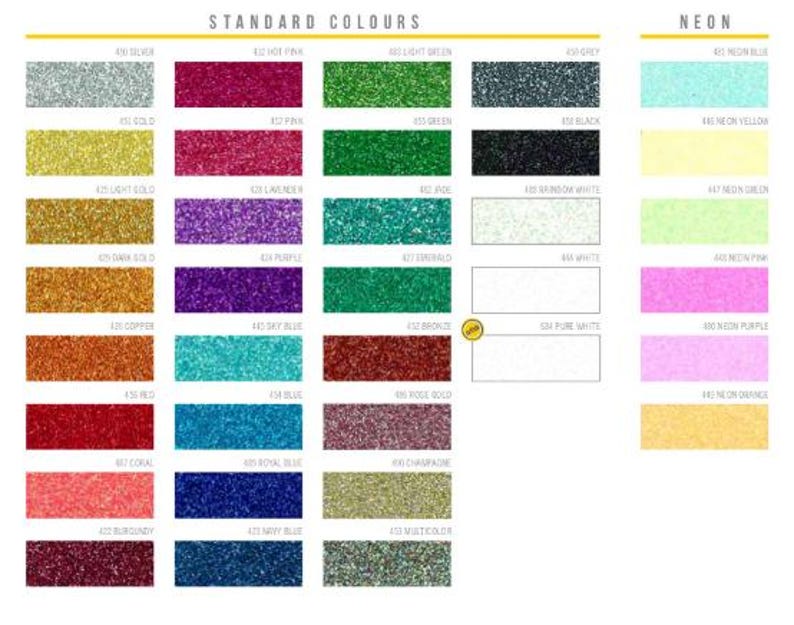 May include: Color chart featuring a variety of glitter colors, including silver, gold, red, and blue, along with neon shades like pink and yellow. The chart is labeled with color names and numbers for each shade.
