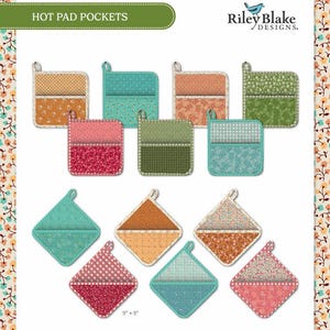 May include: A collection of square hot pad pockets by Riley Blake Designs, featuring various floral and geometric patterns in shades of orange, teal, pink, and green. The hot pads are displayed in both square and diamond orientations, measuring 9" x 9".