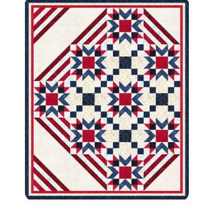 May include: A rectangular quilt featuring a geometric pattern of red, white, and navy blue star motifs. The design incorporates diagonal striped sections and a central grid of stars, all framed by a thin red border and a dark navy blue outer edge.