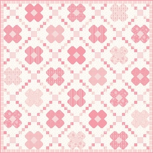 May include: A pink and white quilt with a repeating floral pattern. The quilt features large, stylized pink flowers set against a white background. The flowers are arranged in a grid pattern, with smaller squares and diagonal lines connecting them. The border is a pink and white gingham.