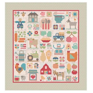 May include: A patchwork quilt featuring farm-themed illustrations. The quilt showcases various farm elements, including a house, pig, goat, truck, cherries, cow, tractor, rooster, and barn. The quilt has a cream background with a red border and a light green patterned edge.