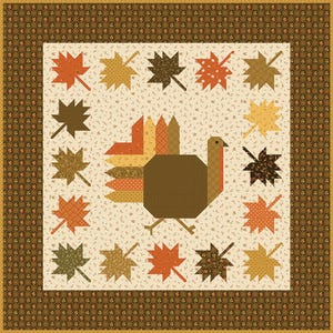 May include: A square quilt featuring a central brown turkey with a multi-colored fan tail made of orange, yellow, and brown patterned fabric. The turkey is surrounded by various autumn-colored leaf appliques on a cream background with a dark border.