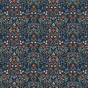 May include: A dark navy blue fabric featuring a repeating botanical pattern of symmetrical floral arrangements. The design includes orange, light blue, and cream-colored flowers with green leaves and stems, creating a dense, intricate, and balanced textile print.