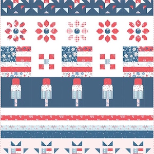 May include: A patriotic quilt pattern featuring red, white, and blue designs. The design includes stars, floral patterns, and stylized American flags. The quilt has a repeating pattern of geometric shapes and floral motifs.