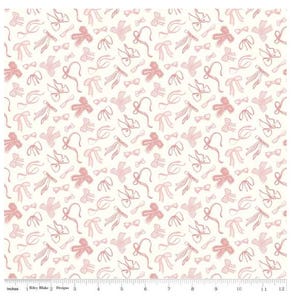 May include: Off-white fabric with a repeating pattern of pink bows and ribbons. The bows vary in size and style, with some appearing more detailed than others. The design is evenly distributed across the fabric, creating a delicate and feminine aesthetic.