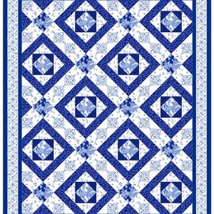 May include: A blue and white quilt with a repeating geometric pattern. The design features diamond shapes and square blocks with floral and paisley motifs. The quilt has a solid blue border and a detailed edge.