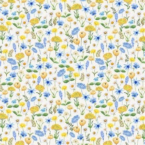 May include: A repeating pattern on a white background featuring watercolor illustrations of various wildflowers in shades of yellow, blue, and green, including daisies, cornflowers, and small round yellow blossoms with green stems and leaves.