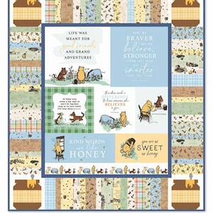 May include: A Winnie the Pooh themed quilt with a patchwork design. The quilt features images of Pooh, Piglet, Eeyore, and Tigger, along with quotes like "Life was meant for good friends and grand adventures." Quilt size is 55.5 x 62.5 inches.