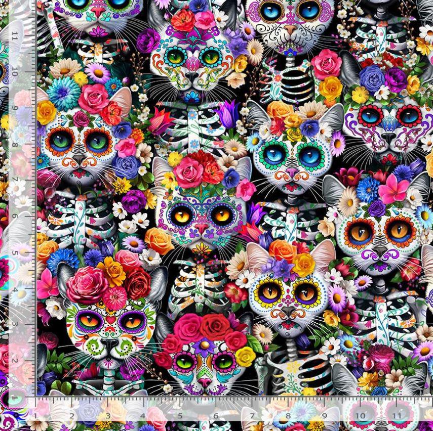 Packed Skeleton Floral Cats Fabric - Day of the Dead Collection by ...