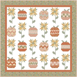 May include: A patchwork quilt featuring repeating patterns of stylized sunflowers and geometric shapes in shades of orange, yellow, and pink. The quilt has a white background and a floral border.