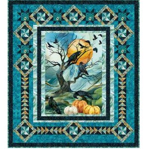May include: A Halloween-themed quilt featuring a central image of a tree with crows, a full moon, and pumpkins. The quilt has a teal border with geometric patterns and a black inner frame. The overall design evokes a spooky autumn scene.