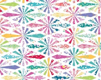 May include: A repeating pattern on a white background featuring stylized starburst shapes composed of multi-colored segments. Each segment displays various floral, geometric, and abstract prints in shades of pink, teal, yellow, and purple.