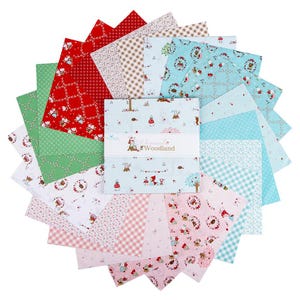 May include: A collection of fabric squares in various patterns and colors, including red, green, blue, and pink. The squares are arranged in a circular pattern, with a central stack of fabric squares featuring the text "Whimsical Woodland". The fabrics have floral and woodland-themed designs.