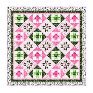 May include: A square quilt with a repeating pattern of pink, green, and black geometric shapes. The quilt features star and floral designs, with a white border adorned with a delicate pattern. The overall design is symmetrical and visually appealing.