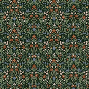 May include: A repeating textile pattern featuring a dark forest green background with symmetrical floral arrangements. The design includes orange, light blue, and cream-colored flowers interspersed with green leaves and thin, winding stems.