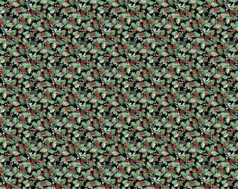 Home For Christmas Packed Holly Fabric, Black Multi - Holiday Collection by Deborah Edwards for Northcott