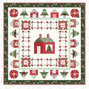 May include: A Christmas-themed quilt pattern titled "Holly Lane." The quilt design features a central red house with a Christmas tree, surrounded by houses, trees, and floral patterns in red, green, and white. Quilt size is 71" x 71".