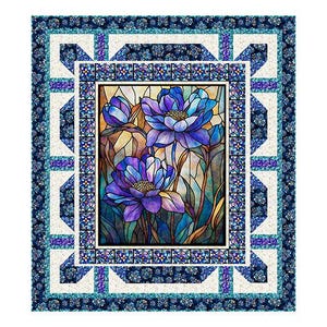 May include: A rectangular quilt featuring a central panel with a stained glass effect depicting blue and purple flowers. The border consists of intricate geometric patterns in shades of navy blue, white, and teal, creating a layered frame design.