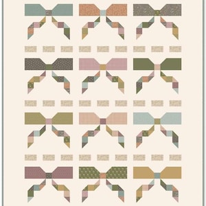 May include: A quilt featuring a repeating pattern of bow ties in various pastel colors, including blue, pink, green, and tan. The bow ties are arranged in rows and columns, with small rectangular blocks between each row. The quilt has a cream-colored background.