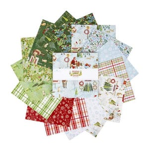 May include: A collection of Christmas-themed fabric squares arranged in a circular pattern. The fabrics feature various festive designs, including Santa Claus, Christmas trees, and plaid patterns in red, green, and white. The center fabric bundle reads "SANTA'S TREE FARM".