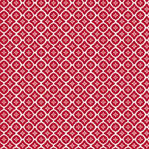 May include: A repeating pattern featuring a red and white floral design. The pattern consists of diamond-shaped elements with a smaller floral motif inside each diamond. The background is white, and the overall effect is a classic, decorative style.