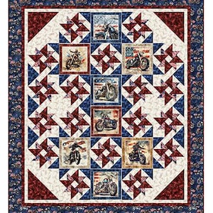May include: A patriotic quilt featuring a repeating pattern of motorcycles and American flags. The quilt showcases a patchwork design with red, white, and blue star and square motifs. The border is adorned with motorcycle illustrations.