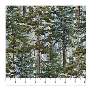 May include: A fabric print featuring a dense forest of green pine trees and white birch trees against a light blue sky. A white ruler with black markings is visible at the bottom, showing a measurement scale from 1 to 8 inches across the width.