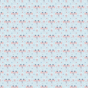 May include: A light blue fabric featuring a repeating pattern of crossed American flags tied with red ribbons, interspersed with small white polka dots and tiny red and blue star shapes, creating a festive and patriotic textile design.