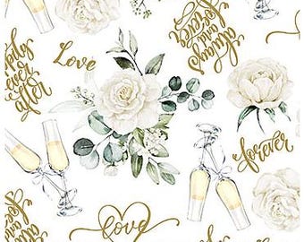 Tela floral para bodas con texto: Colección de telas blancas para bodas de Northcott Studio