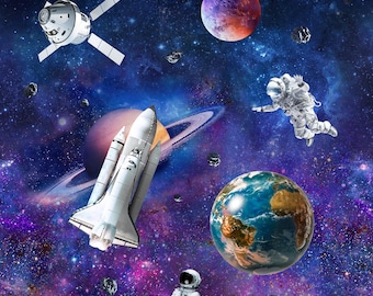 Space Odyssey Fabric Panel - Fabric Collection with Astronauts and Planets by Deborah Edwards for Northcott