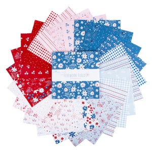 May include: A stack of square fabric swatches arranged in a fan shape, featuring red, white, and blue patterns including florals, stripes, and gingham. A white paper band wraps the center with the text Firework Fields by Gracey Larson.