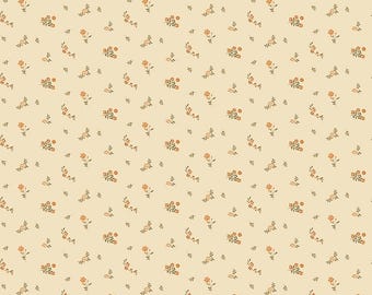 May include: A light cream-colored fabric featuring a repeating pattern of small, delicate orange flowers and tiny green leaves scattered across the surface. The floral design consists of simple, dainty blossoms with thin stems and foliage.