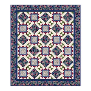 May include: A floral quilt with a repeating pattern of squares and diamonds. The quilt features a navy blue border with a floral design, and the interior has a cream background with red, green, and blue accents. The quilt is a patchwork design.