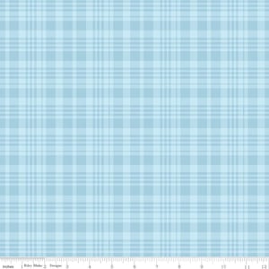 May include: Light blue plaid fabric with a grid pattern. The fabric features a repeating pattern of intersecting lines in varying shades of blue. The design is a classic plaid, suitable for various sewing and crafting projects.