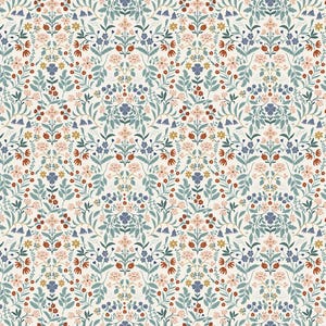 May include: A repeating textile pattern featuring a cream background with symmetrical floral motifs in muted shades of dusty pink, sage green, terracotta orange, and slate blue, showcasing stylized leaves, small blossoms, and delicate stems.