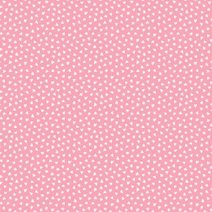 May include: A repeating pattern of small, white, hand-drawn style hearts scattered across a solid, vibrant pink background. The hearts are oriented in various directions, creating a dense, uniform texture across the entire surface of the fabric.