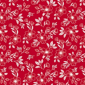 May include: A seamless pattern featuring white floral outlines on a vibrant red background. The design includes detailed flowers, leaves, and buds, creating a repeating botanical motif. This pattern is suitable for various applications, such as fabric or wallpaper.