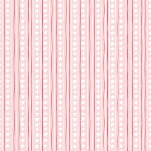 May include: A repeating pattern on a light pink background featuring vertical columns of white five-pointed stars alternating with thin, hand-drawn style red and white vertical stripes that run parallel across the entire surface of the fabric.
