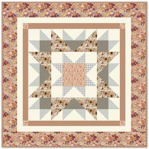 May include: A square quilt with a floral border in shades of cream, brown, and burgundy. The center features a starburst design with triangles in cream, gray, and floral patterns. The quilt is a cozy home decor item.