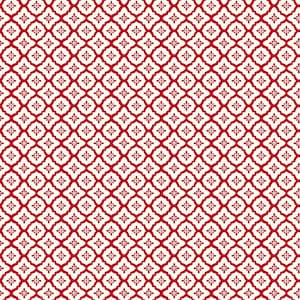 May include: A repeating pattern of red and white floral shapes. The design features a grid of red diamond shapes, each containing a smaller floral motif. The background is white, creating a high-contrast, visually appealing pattern.